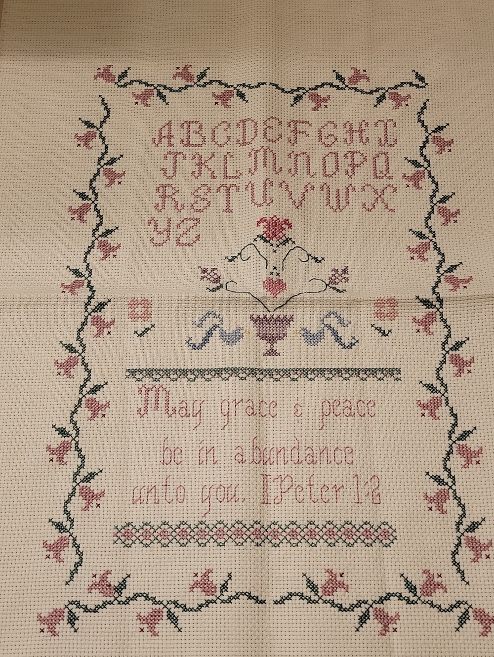 VTG Finished Cross Stitch Alphabet Floral Cottagecore Bible Verse Peter 1:2
